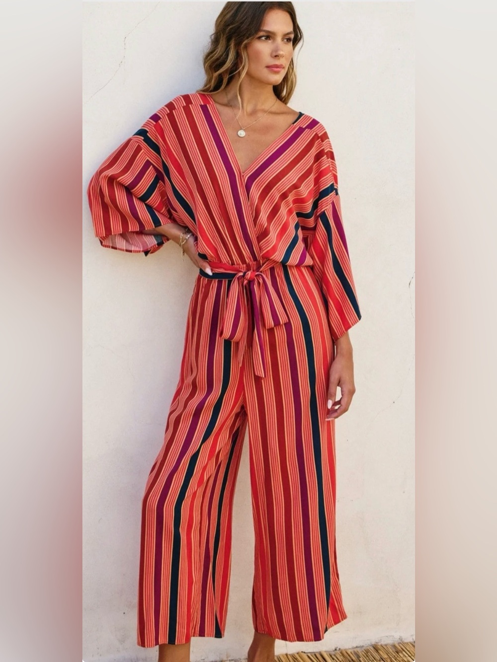 Dress Forum Women's Red Striped Wrap Jumpsuit - Lightweight Belted Style